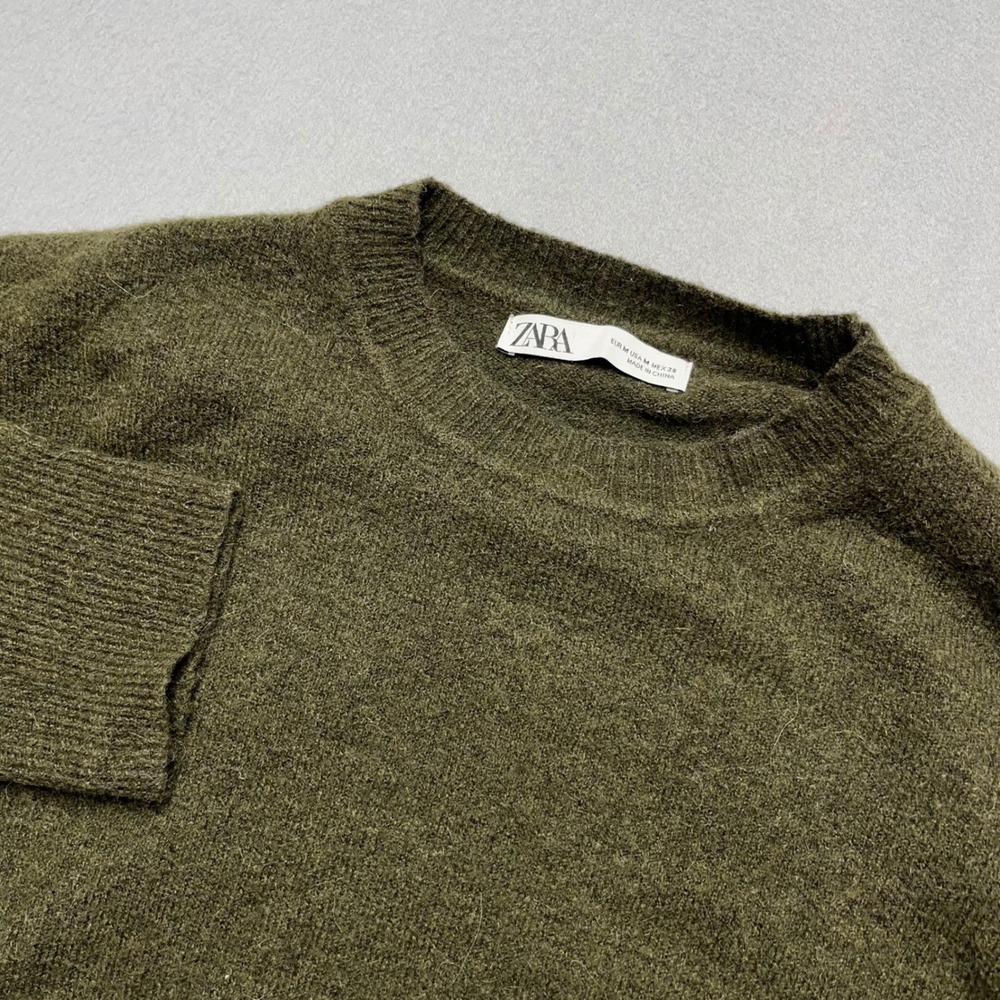 Zara Knit Sweater Lambswool Olive Green Fisherman Cottage core‎ Long Sleeve Med
